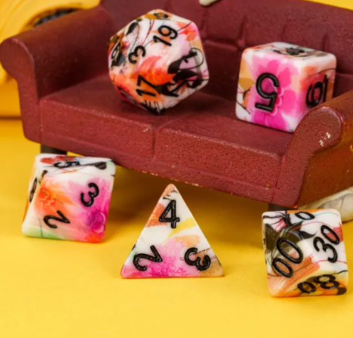 White Multi-Colour Mix Pattern Dice 7-Dice Set w/Black Dnd Dice Resin (Online Only)