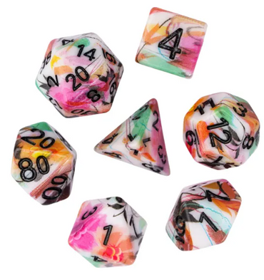 White Multi-Colour Mix Pattern Dice 7-Dice Set w/Black Dnd Dice Resin (Online Only)