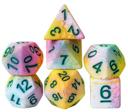 Pastel Multi-Colour Mix Pattern Dice 7-Dice Set w/Green Dnd Dice Resin (Online Only)