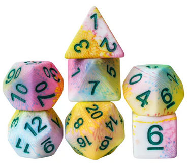 Pastel Multi-Colour Mix Pattern Dice 7-Dice Set w/Green Dnd Dice Resin (Online Only)