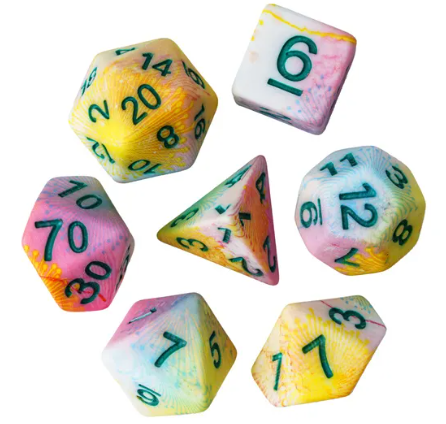 Pastel Multi-Colour Mix Pattern Dice 7-Dice Set w/Green Dnd Dice Resin (Online Only)