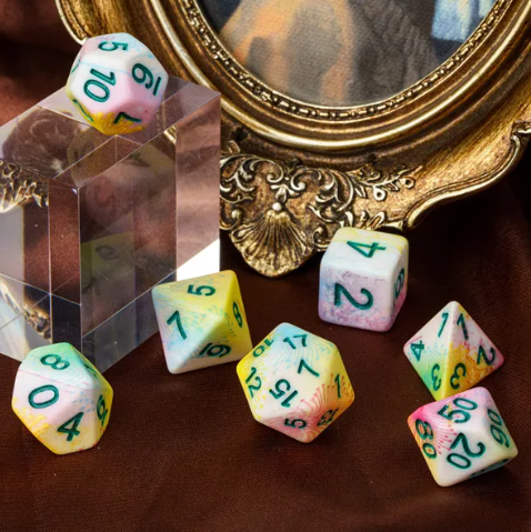 Pastel Multi-Colour Mix Pattern Dice 7-Dice Set w/Green Dnd Dice Resin (Online Only)