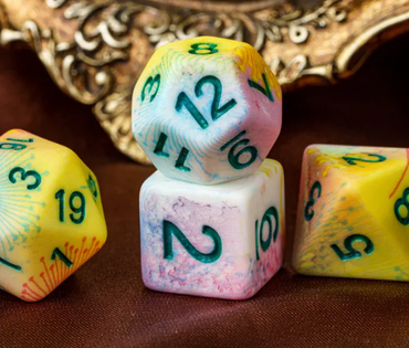 Pastel Multi-Colour Mix Pattern Dice 7-Dice Set w/Green Dnd Dice Resin (Online Only)