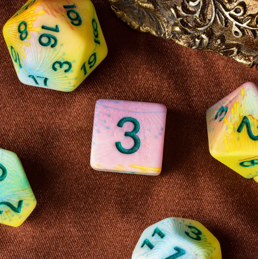 Pastel Multi-Colour Mix Pattern Dice 7-Dice Set w/Green Dnd Dice Resin (Online Only)