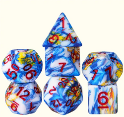Fancy Multi-Colour Mix Pattern Dice 7-Dice Set w/Red Dnd Dice Resin (Online Only)