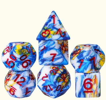 Fancy Multi-Colour Mix Pattern Dice 7-Dice Set w/Red Dnd Dice Resin (Online Only)