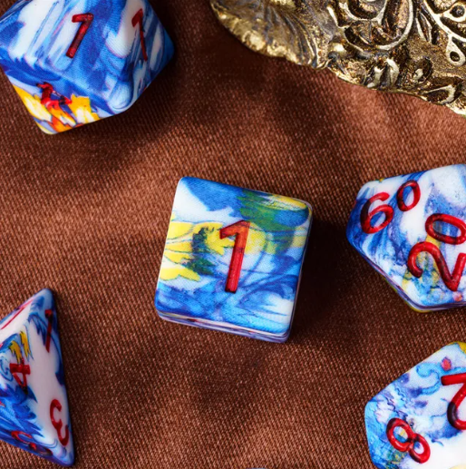 Fancy Multi-Colour Mix Pattern Dice 7-Dice Set w/Red Dnd Dice Resin (Online Only)