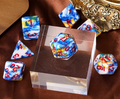 Fancy Multi-Colour Mix Pattern Dice 7-Dice Set w/Red Dnd Dice Resin (Online Only)