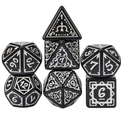 White Druid Pattern 7-Dice Set DND RPG Dice Black Druid Dice Set (Online Only)