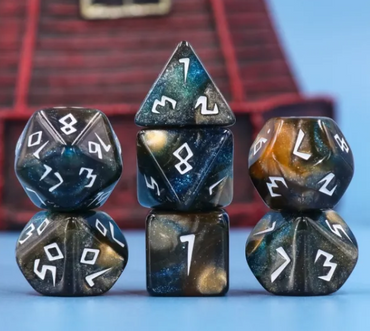 Night Walker Dice 7-Dice Set | Blue and Bronze Glitter Primitive Font (Online Only)
