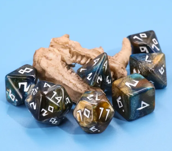Night Walker Dice 7-Dice Set | Blue and Bronze Glitter Primitive Font (Online Only)