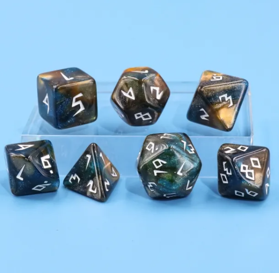 Night Walker Dice 7-Dice Set | Blue and Bronze Glitter Primitive Font (Online Only)