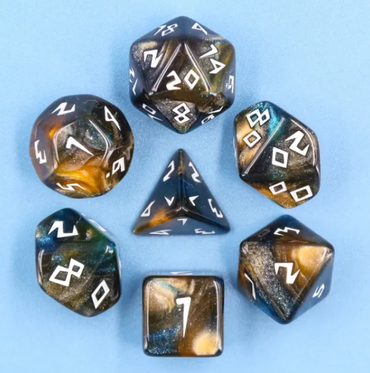 Night Walker Dice 7-Dice Set | Blue and Bronze Glitter Primitive Font (Online Only)