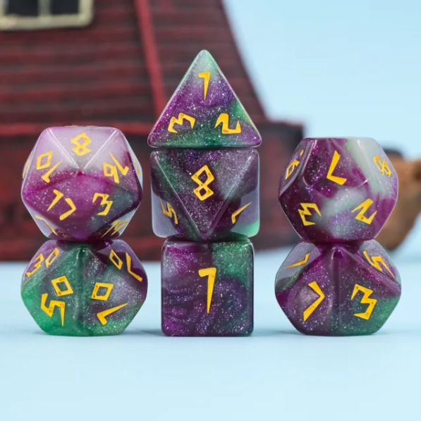 Violet Garden Dice 7-Dice Set | Purple and Green Glitter Primitive Font (Online Only)