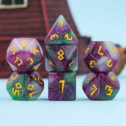 Violet Garden Dice 7-Dice Set | Purple and Green Glitter Primitive Font (Online Only)