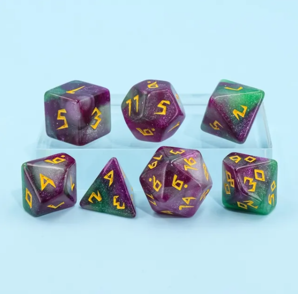 Violet Garden Dice 7-Dice Set | Purple and Green Glitter Primitive Font (Online Only)