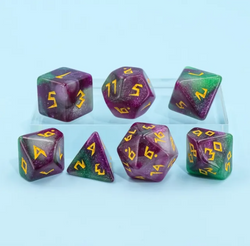 Violet Garden Dice 7-Dice Set | Purple and Green Glitter Primitive Font (Online Only)