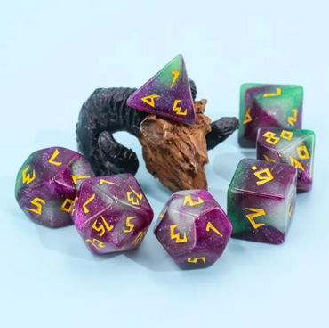 Violet Garden Dice 7-Dice Set | Purple and Green Glitter Primitive Font (Online Only)