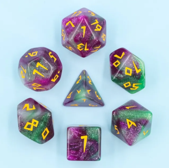 Violet Garden Dice 7-Dice Set | Purple and Green Glitter Primitive Font (Online Only)