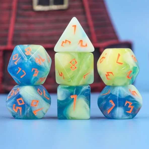Tranquil Summer Dice 7-Dice Set | Blue and Yellow Glitter Primitive Font (Online Only)