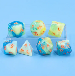 Tranquil Summer Dice 7-Dice Set | Blue and Yellow Glitter Primitive Font (Online Only)