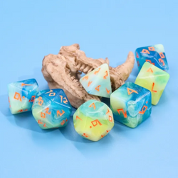 Tranquil Summer Dice 7-Dice Set | Blue and Yellow Glitter Primitive Font (Online Only)