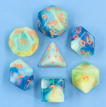 Tranquil Summer Dice 7-Dice Set | Blue and Yellow Glitter Primitive Font (Online Only)