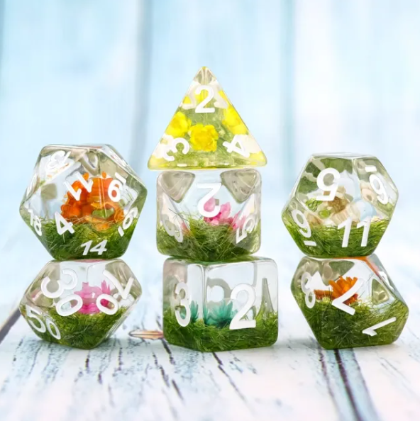 Flower on Grass Dice 7-Dice Set | White Numbers Dnd Resin Set (Online Only)
