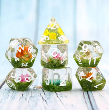 Flower on Grass Dice 7-Dice Set | White Numbers Dnd Resin Set (Online Only)