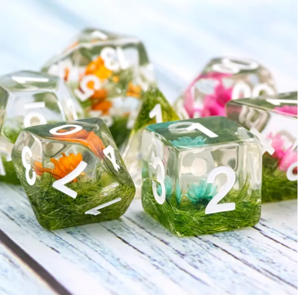 Flower on Grass Dice 7-Dice Set | White Numbers Dnd Resin Set (Online Only)