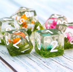 Flower on Grass Dice 7-Dice Set | White Numbers Dnd Resin Set (Online Only)