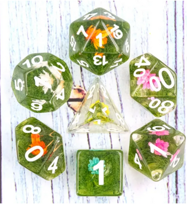 Flower on Grass Dice 7-Dice Set | White Numbers Dnd Resin Set (Online Only)