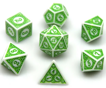 White & Green Magic Flame 7-Dice Set DND RPG Dice Green Color Fill (Online Only)