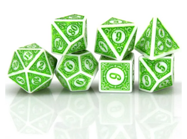 White & Green Magic Flame 7-Dice Set DND RPG Dice Green Color Fill (Online Only)