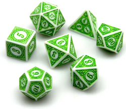White & Green Magic Flame 7-Dice Set DND RPG Dice Green Color Fill (Online Only)