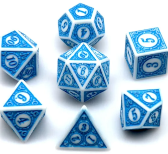 White & Blue Magic Flame 7-Dice Set DND RPG Dice Blue Color Fill (Online Only)