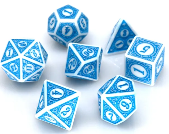 White & Blue Magic Flame 7-Dice Set DND RPG Dice Blue Color Fill (Online Only)