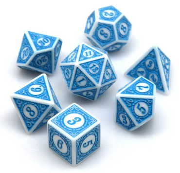 White & Blue Magic Flame 7-Dice Set DND RPG Dice Blue Color Fill (Online Only)