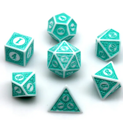 White & Teal Magic Flame 7-Dice Set DND RPG Dice Teal Color Fill (Online Only)