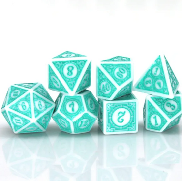 White & Teal Magic Flame 7-Dice Set DND RPG Dice Teal Color Fill (Online Only)