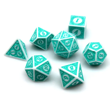 White & Teal Magic Flame 7-Dice Set DND RPG Dice Teal Color Fill (Online Only)