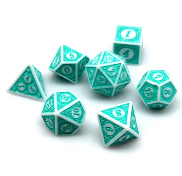White & Teal Magic Flame 7-Dice Set DND RPG Dice Teal Color Fill (Online Only)