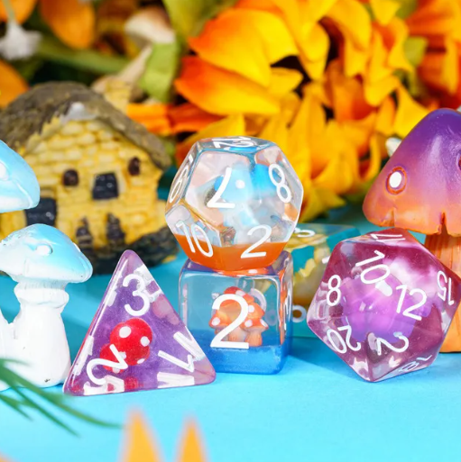 Enchanted Forest Mushroom Dice Set: 7-Piece Clear Resin RPG Dice w/Vibrant Botanicals (Online Only)