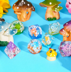 Enchanted Forest Mushroom Dice Set: 7-Piece Clear Resin RPG Dice w/Vibrant Botanicals (Online Only)