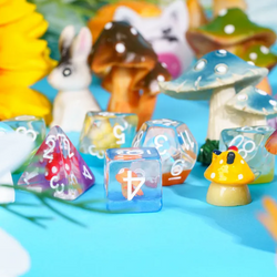 Enchanted Forest Mushroom Dice Set: 7-Piece Clear Resin RPG Dice w/Vibrant Botanicals (Online Only)