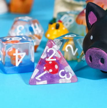 Enchanted Forest Mushroom Dice Set: 7-Piece Clear Resin RPG Dice w/Vibrant Botanicals (Online Only)