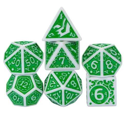 White with Green Irregular Pattern Fill: 7-Piece Acrylic Dice Set for D&D and RPG (Online Only)