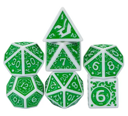 White with Green Irregular Pattern Fill: 7-Piece Acrylic Dice Set for D&D and RPG (Online Only)