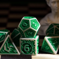 White with Green Irregular Pattern Fill: 7-Piece Acrylic Dice Set for D&D and RPG (Online Only)