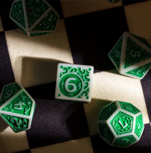 White with Green Irregular Pattern Fill: 7-Piece Acrylic Dice Set for D&D and RPG (Online Only)